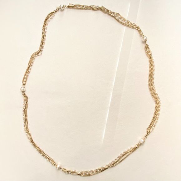 Sarah Coventry Opera Station Necklace layered Gold Tone Chains Faux Pearl Accent - Picture 3 of 11